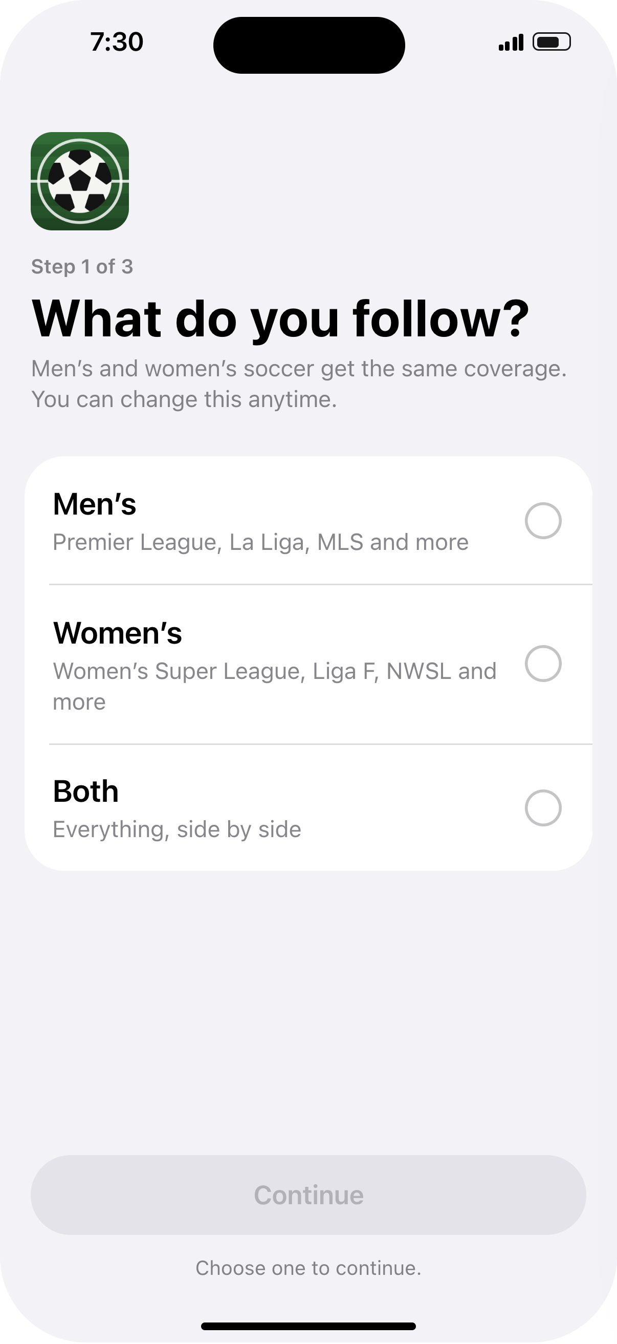 Onboarding asks: men's, women's, or both?